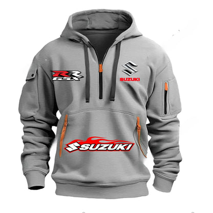 Suzuki brand men's street sports motorcycle hoodie with printed design autumn and winter semi-zipper multi-pocket sweatshirt