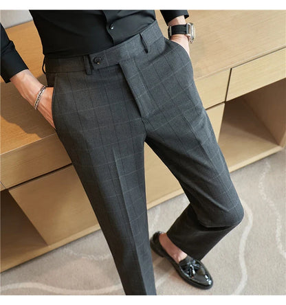 2026 Classic Men's Slim Fit Plaid Striped Casual Pants Fashion Business Slim Fit Suit Pants Formal Groom Wedding Dress Trousers
