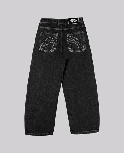 90s Retro Street Embroidery Jeans Male  R&B Solid Color Loose Straight Pants Female Y2K Harajuku Hip Hop  Punk Style  Men Jeans