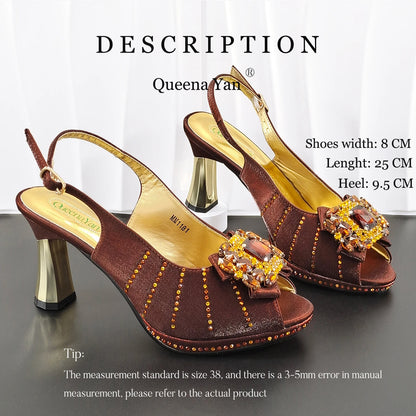 2026 New Brown Rhinestone Peep-Toe High Heel Sandals and Bag Set for Women –Elegant Italian Party Shoes Perfect for Wedding