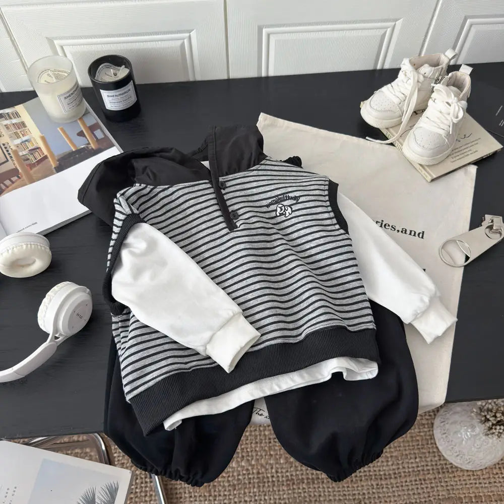Korean Children's Clothing Set Spring Autumn Kids Casual Infant Outfits New Boys Striped hooded vest + T-shirt + Pants 3Pcs Set