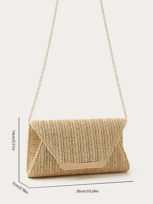 Women's Woven Clutch Bag, Beige, Solid Color, Summer, Holiday, Beach, Vacation Essential, Vacation Season, Versatile Business Commuter Women's Crossbody Bag, Casual, Simple, Beach