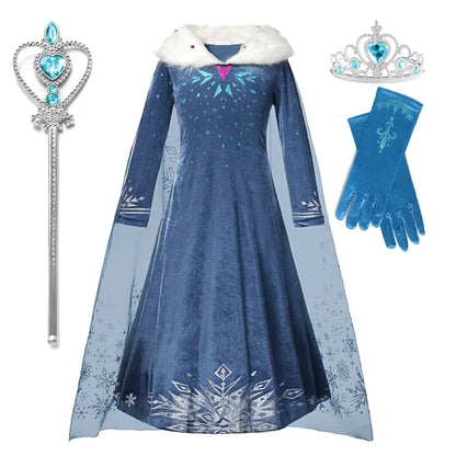 Blue Snowflake Princess Dress Winter Long Sleeve Fur Collar Snow Queen Costume Dress Girl Elsa New Year Christmas Party Clothes