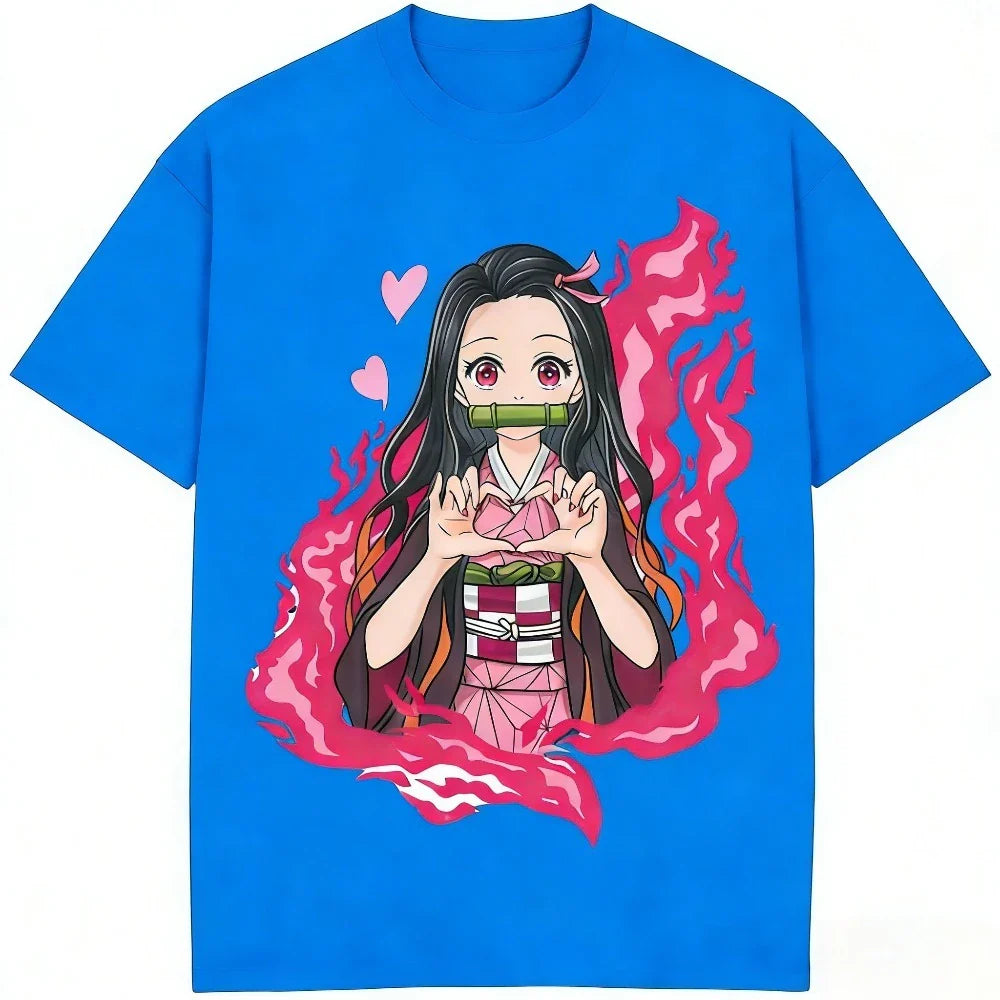 Demon Slayer Nezuko Kamado Pure Cotton T-shirt 2026 Summer New Anime Printed Loose Casual Parent Child Short Sleeve Top