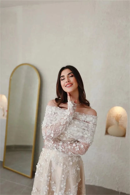 Champagn Tulle Evening dresses Off the Shoulder A-line Vestidos De Fiesta Elegant Long Sleeves Ankle-length  فساتين سهرة