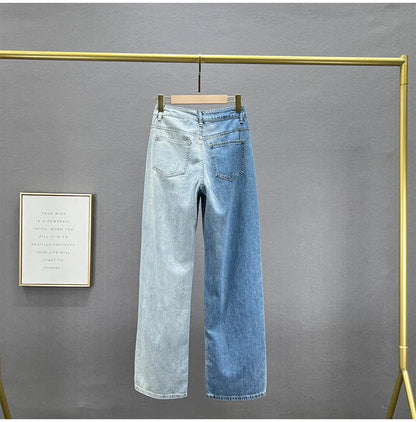 High Waist Wide Leg Jeans Women's Summer Loose Slimming Diamond Embedded Long Pants Break Hole Denim Pants Hong Kong Sle ...