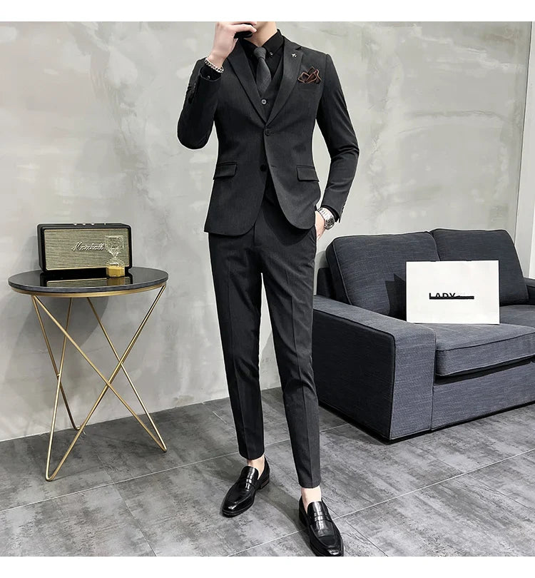 ( Blazer + Vest + Pants ) Boutique Fashion Solid Color Men's Slim Casual Business Suit Three-piece Set Groom Wedding Dress Party