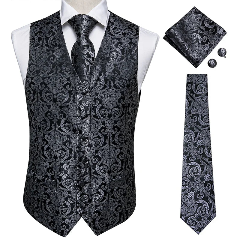 Hi-Tie Black Luxury Paisley Men's Vest Set Hanky Cufflinks For Wedding 100% Silk Vest For Men Gold Waistcoat Yellow Classic Vest