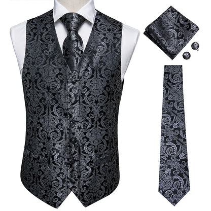 Hi-Tie Black Luxury Paisley Men's Vest Set Hanky Cufflinks For Wedding 100% Silk Vest For Men Gold Waistcoat Yellow Classic Vest