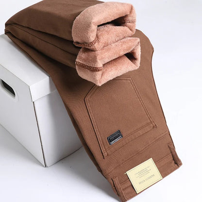 Winter New Cotton Fleece Jeans Men's Fit Straight Warm Plus Velvet Denim Pants Fashion Warm Soft Elasticity Casual Trousers