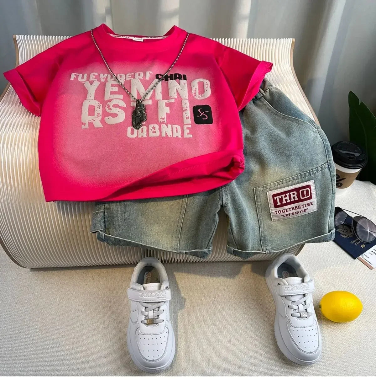 Korean Children's Summer Clothes Kids Set Outfits Boys 2026 Handsome Sleeveless&Short Sleeved T-shirt Denim Shorts 2-piece Set