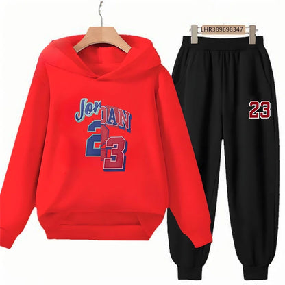 Children Hoodie 3-12 Years Boys Girls Red Casual Tops+Pants Sets Long Sleeves Fashion Kids Basketball Jersey No. 23 Clothes