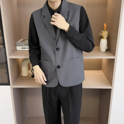 Summer Suit Vest Turn Down Collar Single-breasted Male Waist Sleeveless Pocket Versatile Business Casual Man Coat