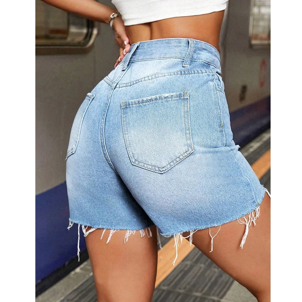 Women Summer Street Denim Shorts High Waist Ripped Hole Stretch Jean Short Pants