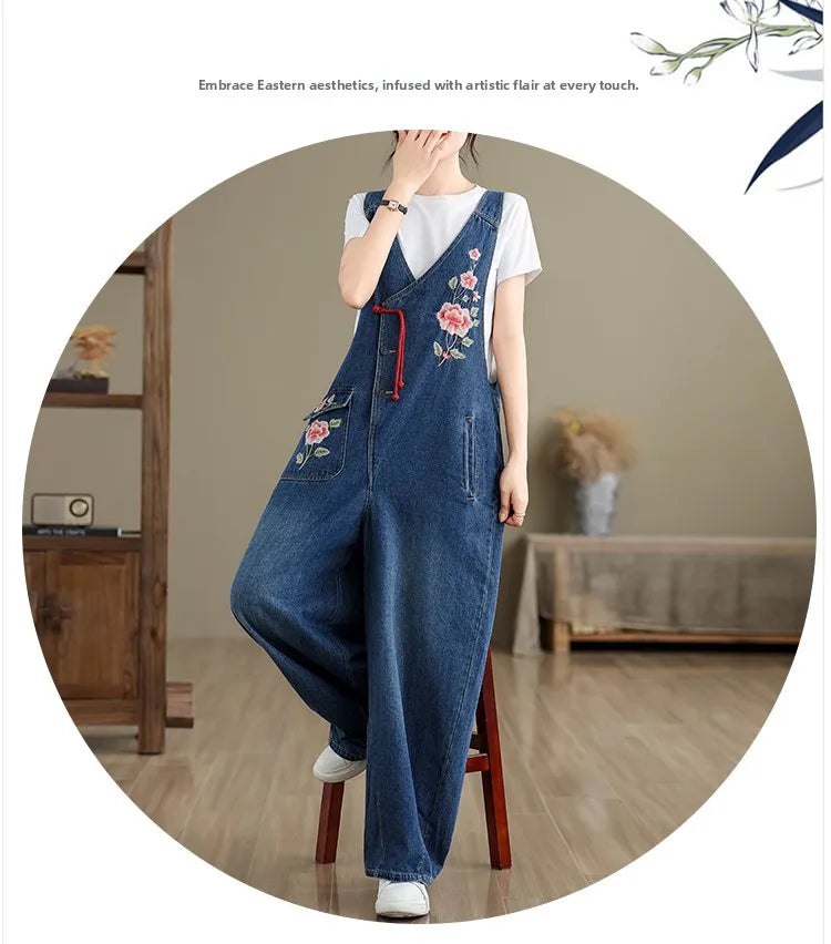 Spring 2025 New Vintage Large Size Loose Embroidered Denim Overalls High Waist Long Pants Women's Faion Casual Jeans