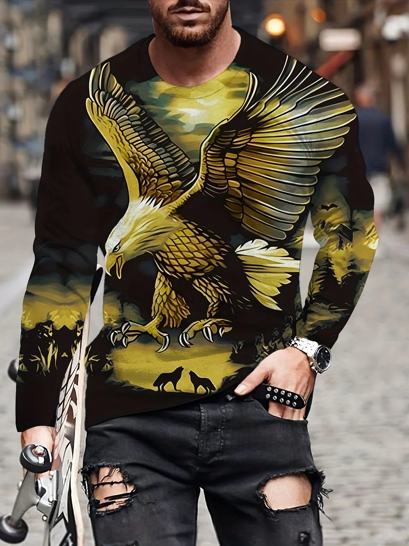 Fashion Eagle 3D Digital Printing Men's Casual Comfortable Long Sleeve T Shirt Fall Men's Patterned Clothing Tops Men's Gifts