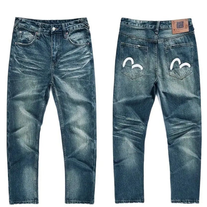 Men's Japanese Handmade Embroidered Jeans Pure Cotton Straight Tube Hip-Hop Popular Slim Red Ears Show Thin Trousers Devil Black