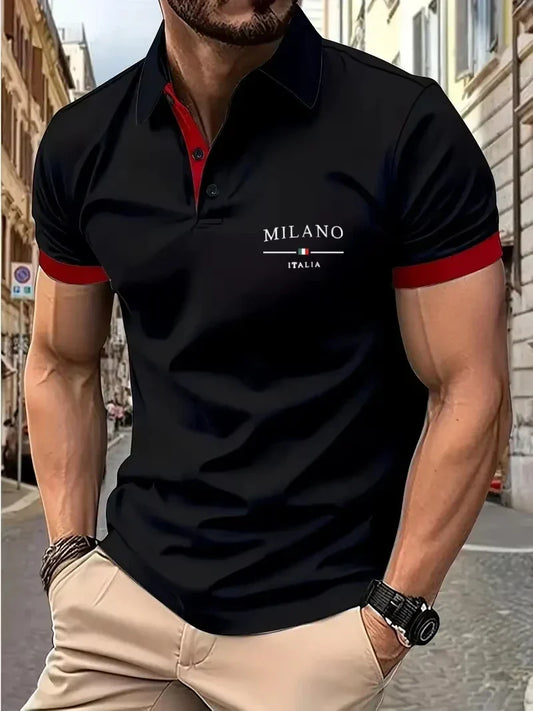Summer New Men's Milano Print Short Sleeve Lapel Polo Shirt Casual Button Solid Color Polo Shirt Sports Tops Oversized Tees