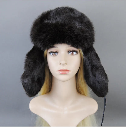 Hot Sale Winter Women's 100% Real Rabbit Fur Bomber Hat Ushanka Cap Trapper Russian Woman Ski Hats Caps Real Sheepskin Leather