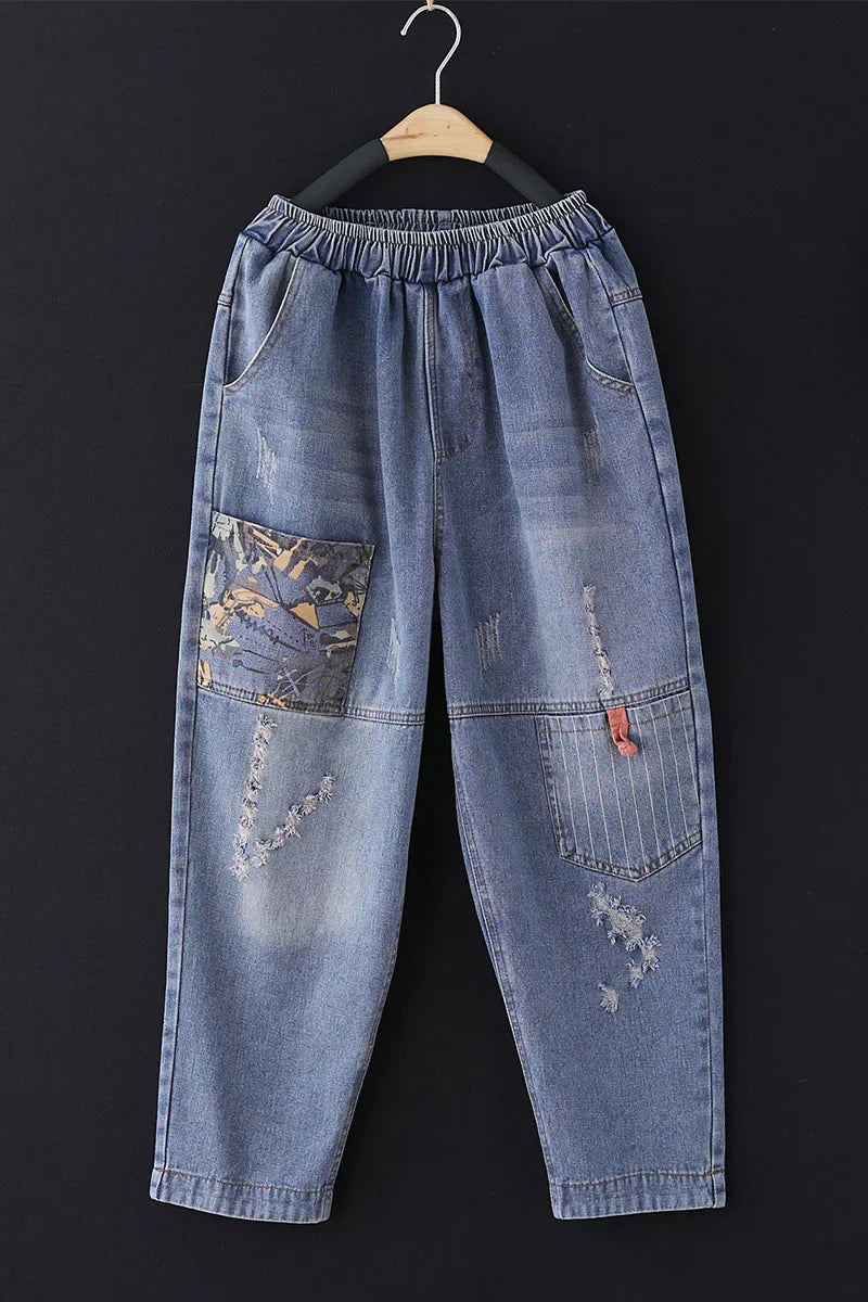 Casual Harajuku Sle Mom Jeans Women's Faion Trendy Hole Design Cotton Stretch Denim l Waist hine Embroidery