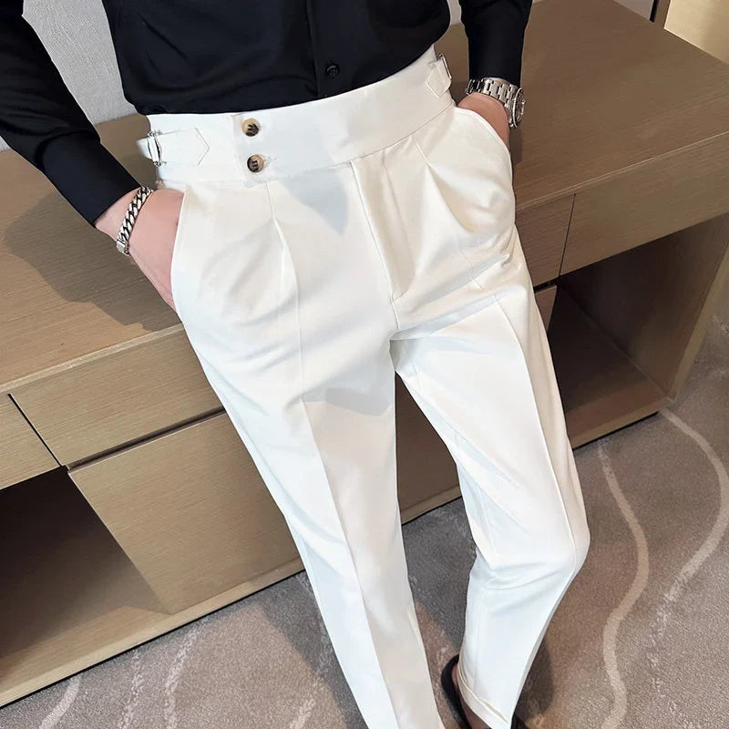 British Style Naples Solid Color High Waist Suit Pants High Quality Men Formal Business Social Party Wedding Casual Trousers