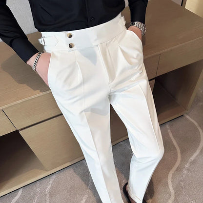 British Style Naples Solid Color High Waist Suit Pants High Quality Men Formal Business Social Party Wedding Casual Trousers