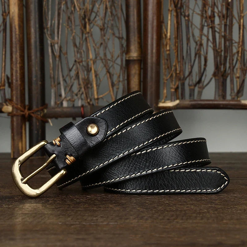 2.4CM Ladies Pure Cowhide High Quality Genuine Leather Thin Belts for Women Copper Buckle Jeans Cowboy Korean Version Female