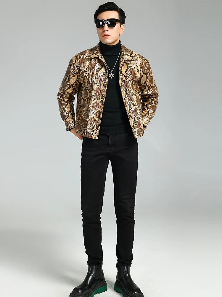 Autumn Short Handsome Cool Colorful Snakeskin Print Pu Leather Jacket Men Luxury European Style Clothes 2023 EU Size