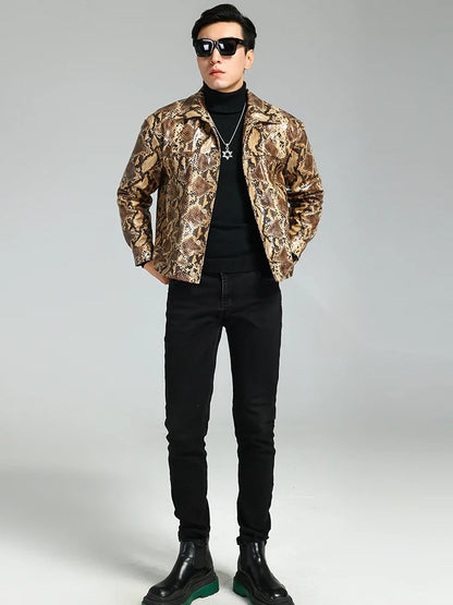 Autumn Short Handsome Cool Colorful Snakeskin Print Pu Leather Jacket Men Luxury European Style Clothes 2023 EU Size