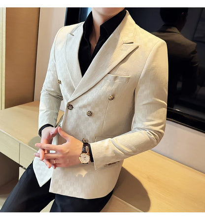6 Color Luxury Double Breasted Blazers Coats 2024 New Fashion Checkered Business Slim Fit Social   Formal Suit Jacket 5XL-M