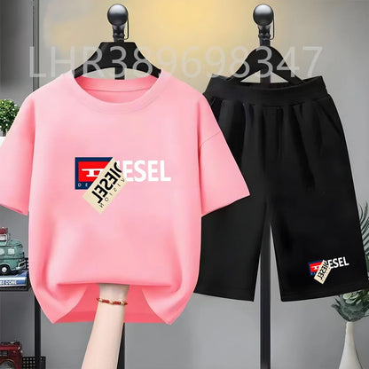 Summer Cool Child Clothes Black Boys Girls Pink Age 3-12 Tee+shorts Suit Children Short Sleeve Brand T-shirts Casual Fashion