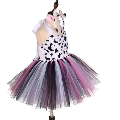 Baby Girls Halloween Animal Cosplay Costume Kids Forest Theme Giraffe Cows Tiger Leopard Zebra Print Tutu Dress Birthday Party