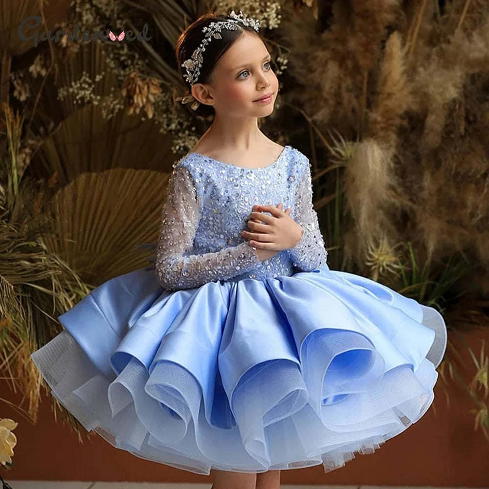 Customized Flower Girl Dresses Ivory Tulle Satin Sequin With Bow Long Sleeve For Wedding Pagant Birthday Holy Communion Gown
