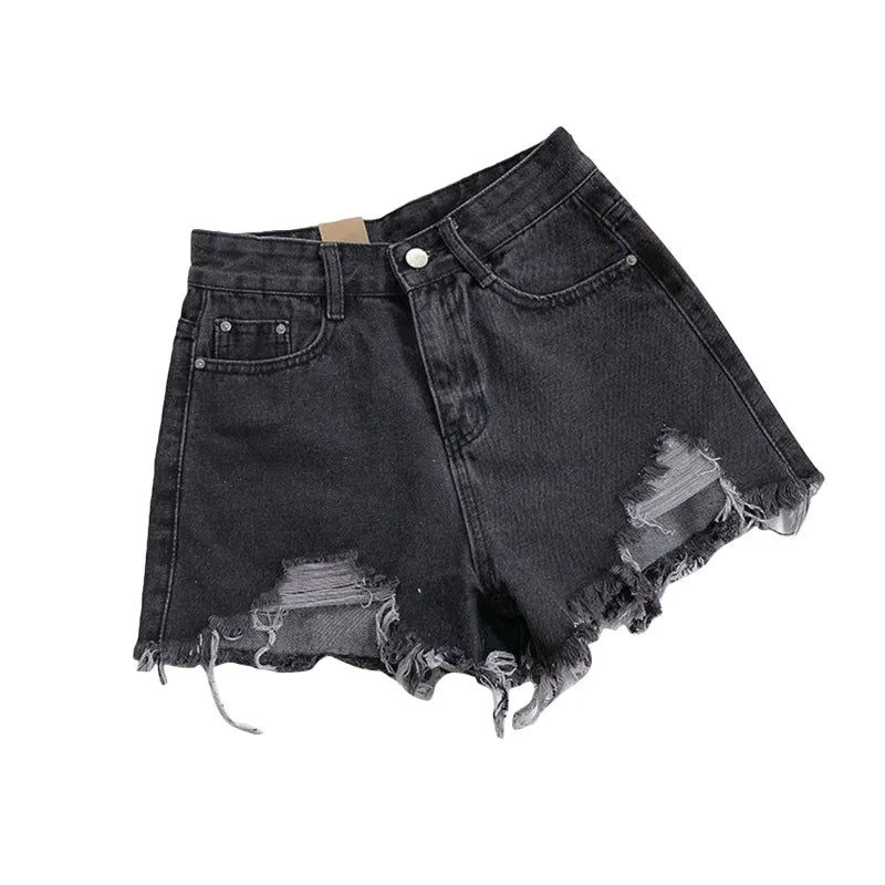 Korean Denim Shorts Women Summer Fashion Casual High Waist Ripped Jeans Pocket Tassel Y2K Hot Pants Streetwear Blue Trousers