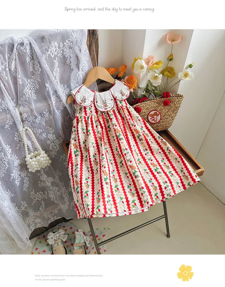 Flower Collar Rabbit Embroidered Girls' Dress 2025 Summer Style Cartoon Print Sweet and Cute Baby Sleeveless Dress