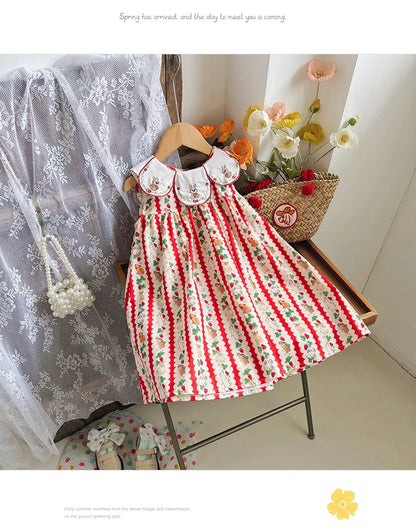 Flower Collar Rabbit Embroidered Girls' Dress 2025 Summer Style Cartoon Print Sweet and Cute Baby Sleeveless Dress