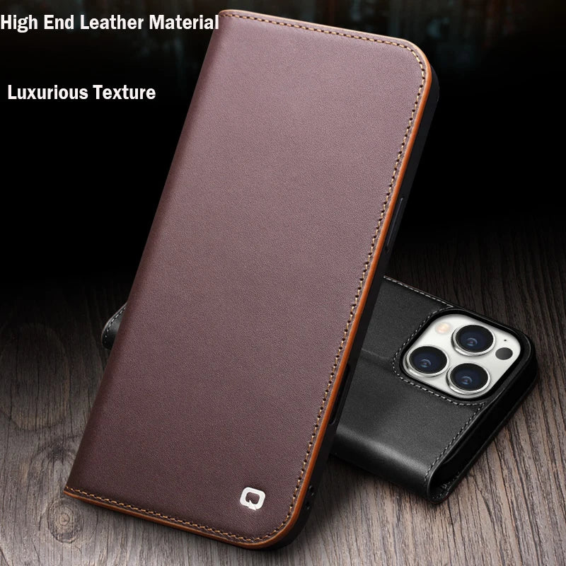 Genuine Leather Flip Case for iPhone 17 Plus Handmade Fashion Cover with Card Slots for iPhone 16 15 14 13 Pro Max 17Air