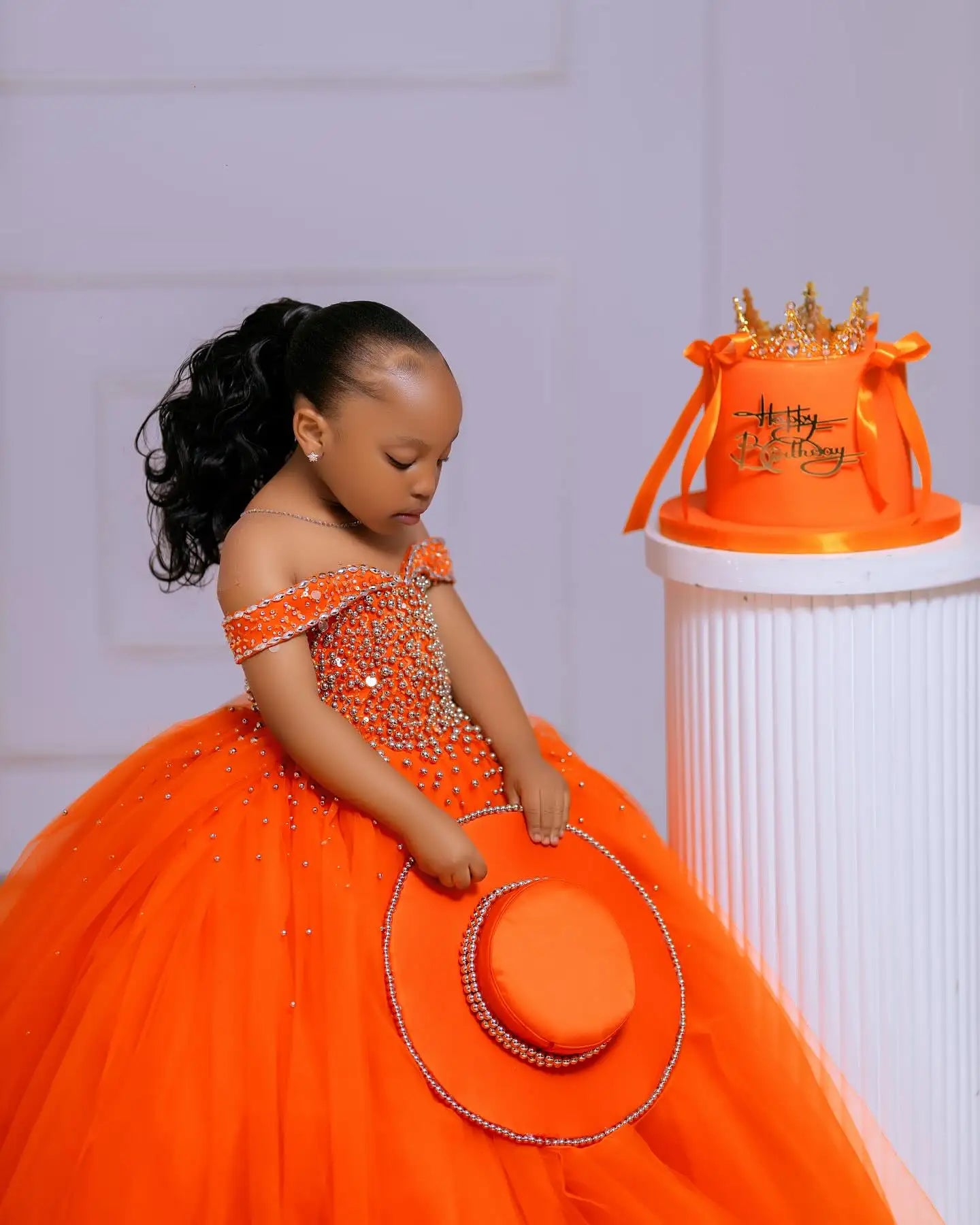 Orange Tulle Girls Birthday Party Dresses Customized Ball Gown Crystal Flower Girl Dresses for Wedding Baby Girls Pageant Dress
