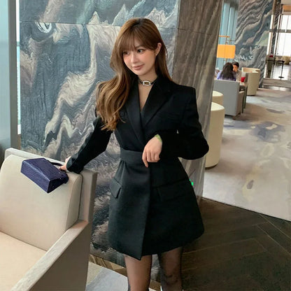 Autumn New High End Waist Slim Blazer Jacket Women Casual British Mid Length Black Suit Coat Woman Elegant Chic Office Blazers