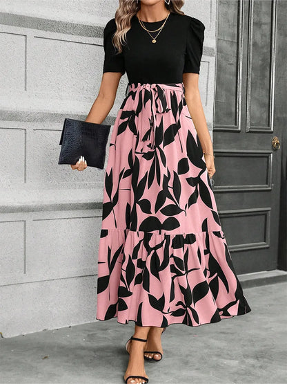 Elegant Floral Print Round Neck Long Dresses Women Short Sleeve High Waist Lace-up Office Lady Holiday Party Dresses Vestidos