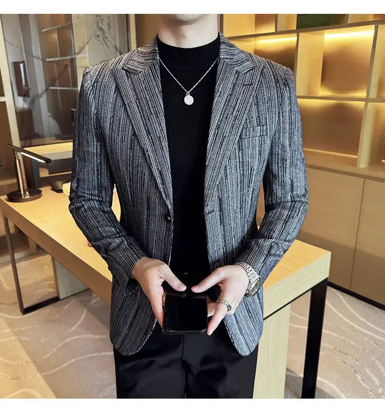 Fashion Meteor Line Checkered Elegant Suit Jacket Men Fashion De Luxe Business Slim Fit Single Breasted Social Party Dress Coats