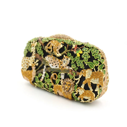 Animal Forest Rhinestone Evening Bag Hollow Metal Crystal Dinner Bag Bezel Diamond Clutch Purse Vintage Designer Handbags Luxury