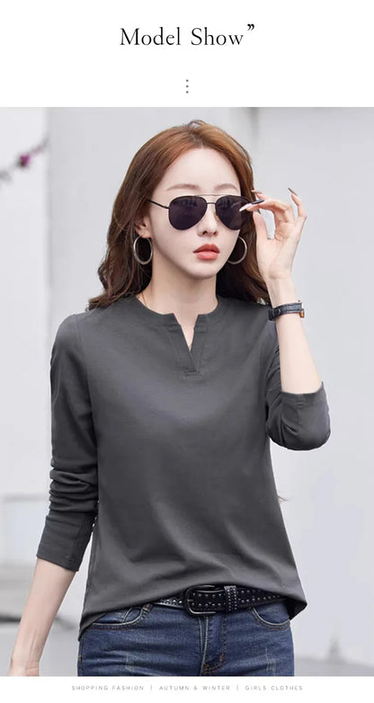 Spring and Autumn All Seasons Women's Long sleeved T-shirt Wine Red Pure Cotton New Fashion Large V-neck Slim fit Casual Top 3XL