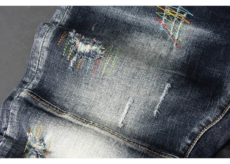 Streetwear Fashion Men Jeans Retro Black Blue Elastic Slim Fit Ripped Jeans Men Spliced Designer Embroidery Hip Hop Denim Pants