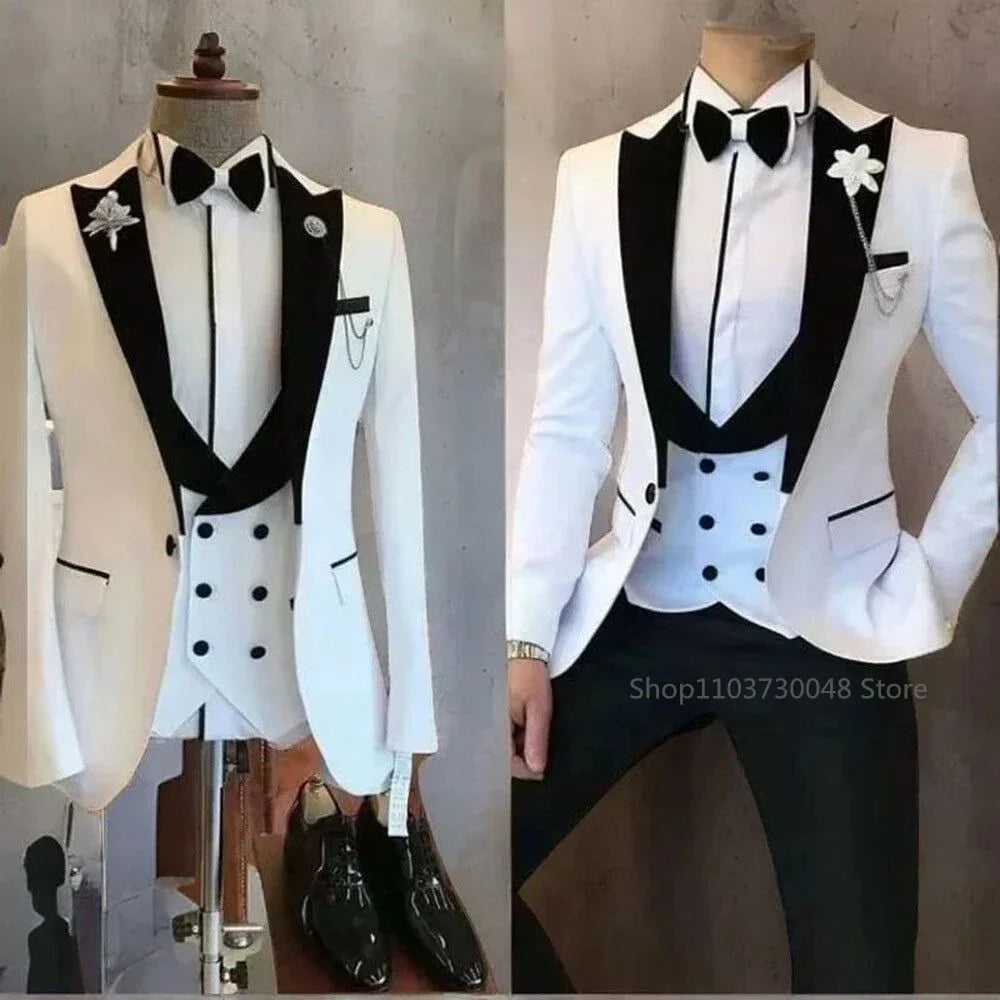 Solid Men's 3 Pieces Suit One Button Peak Lapel Jacket Vest Trousers Dinner Wedding Groom Tuxedos Slim Fit Formal Business Suits