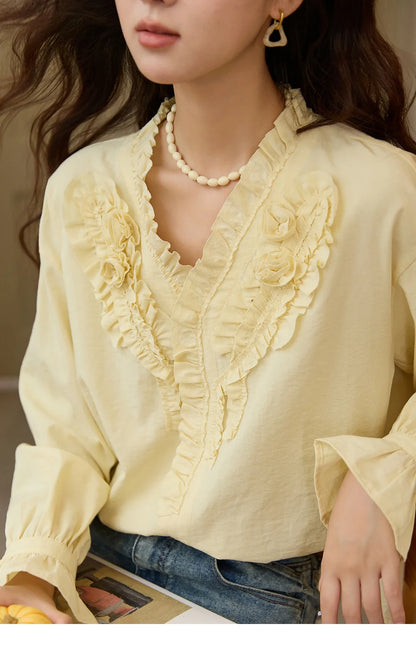 Hand Sewn Rose Blouse for Women Autumn 2025 V-neck  Edible Tree Fungus Edge Tops Sweet Lantern Sleeves Blouses MXE44X2470