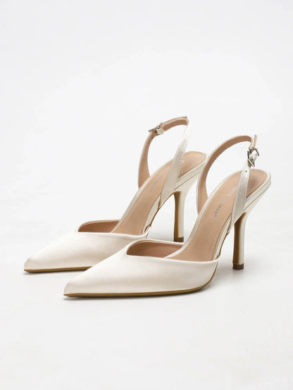 Women's Ivory Satin Pointed-Toe Slingback Heeled Sandals