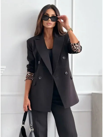 Autumn Winter New Style Women's Suit Coat Long Sleeve Double Buttoned Outerwear Top Cross-Border Fashion Polyester Fiber