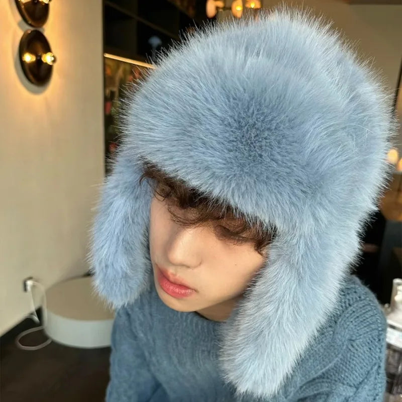 Fluffy Imitation Mink Fur Bomber Hats Men's Autumn and Winter Korean Version Plush Pilot Hat Female Ins Blogger Cycling Cold Hat