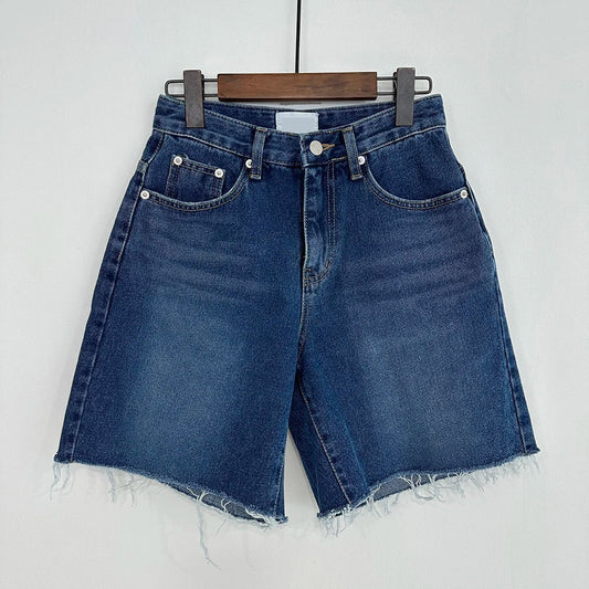 New 2024 Summer High Waist Denim Shorts For Women Pockets Burrs Blue Color Short Jeans Women Streetwear Casual Women's Shorts